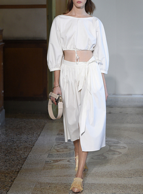 法式度假风白色套装抽绳系带短款上衣蝴蝶结绑带褶皱中长款半身裙