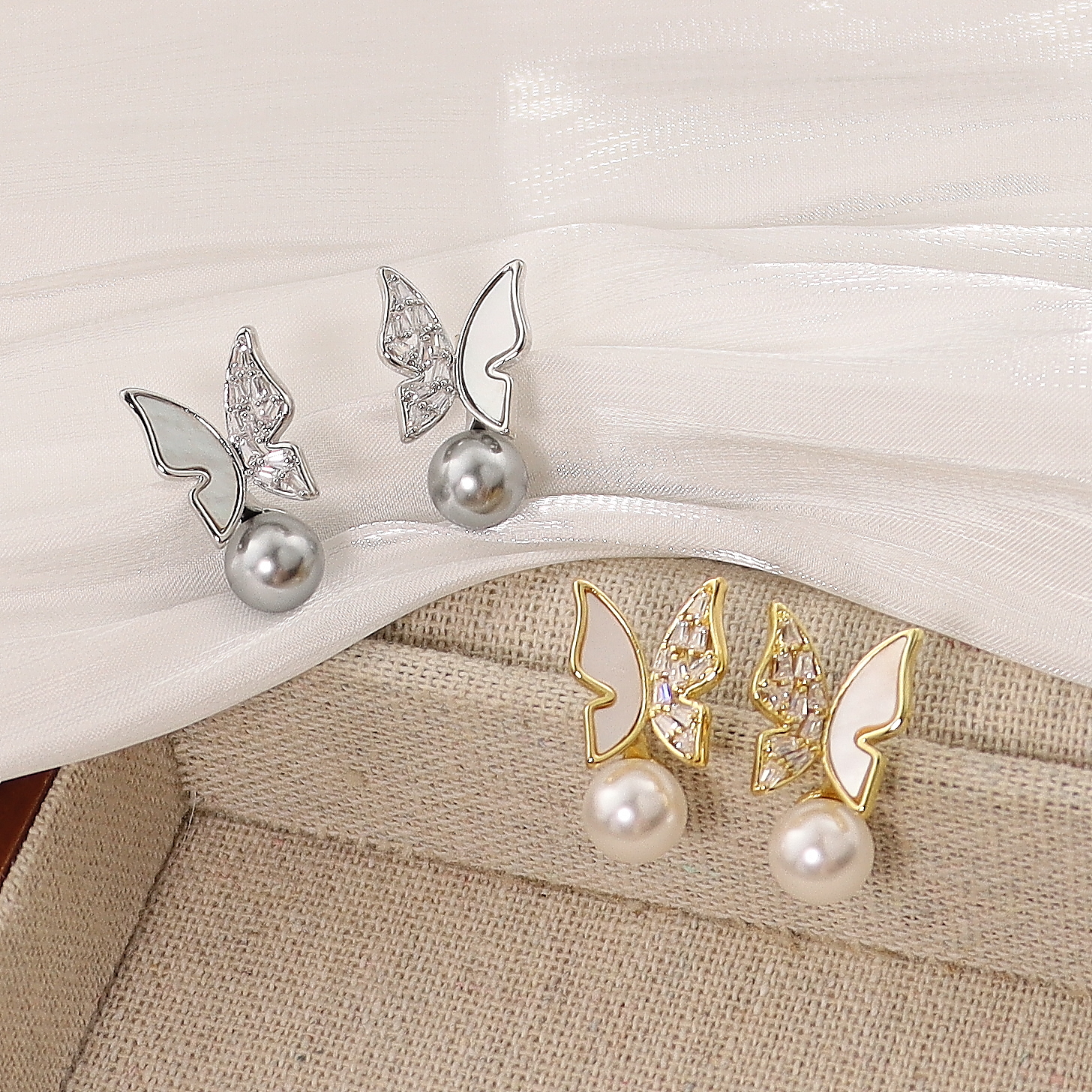 2025夏季新款天然白贝母镶钻耳环