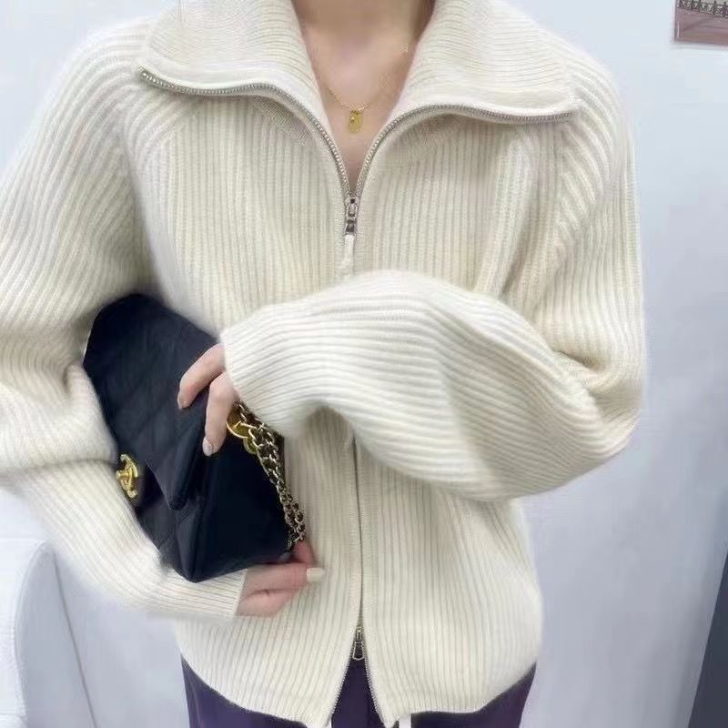 25秋冬新款加厚欧美羊毛衫女式翻领拉链针织开衫外套毛衣羊绒外搭