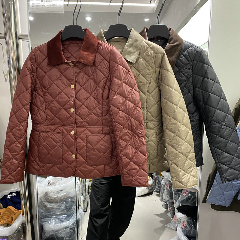 欧洲站2025秋冬新款翻领单排扣菱形格宽松百搭棉服短外套女404141