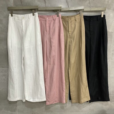 半松紧腰莱赛尔亚麻阔腿休闲裤