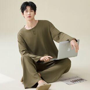 网红纯棉长袖睡衣男春秋冬季大学生可外穿两件套装男士休闲家居服