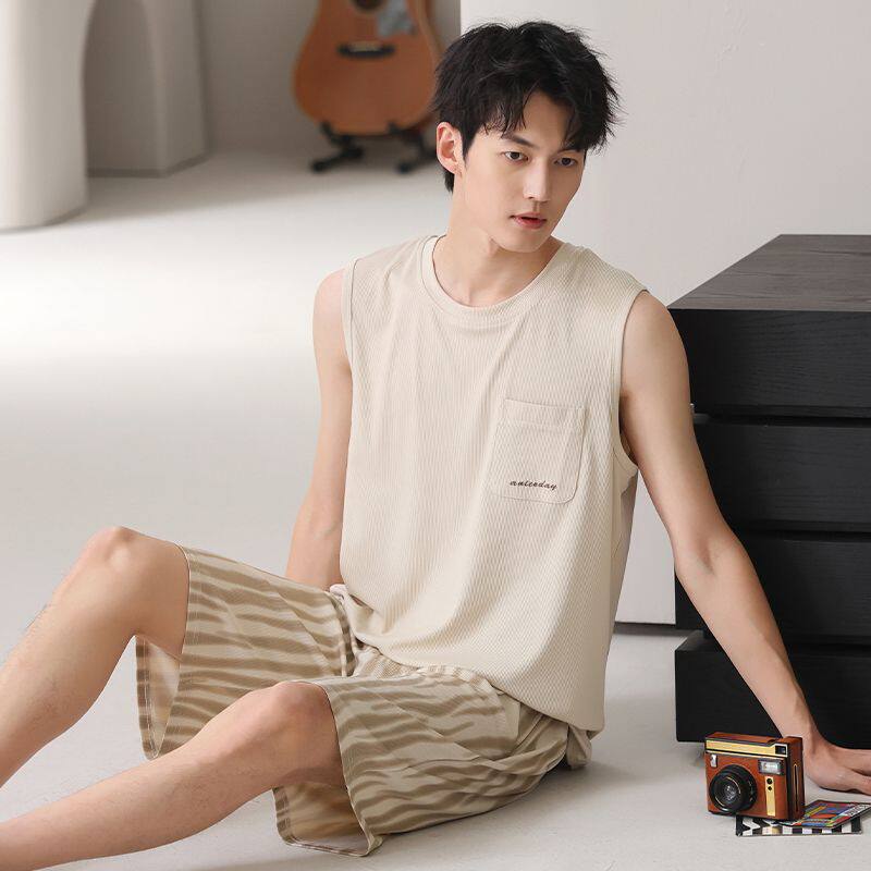 凉感冰丝睡衣男夏季天可外穿无袖背心短裤两件套装学生男士家居服