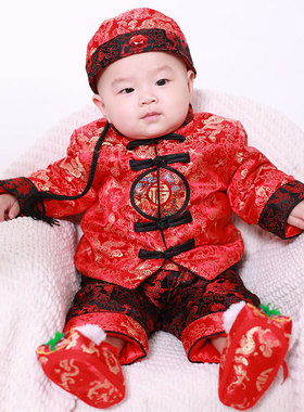 新年衣宝宝生日唐装周岁百天抓周礼服中国风红色拜年套装冬季棉衣
