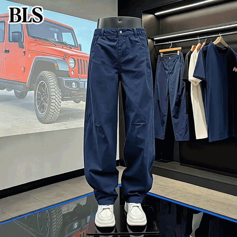 高端褶皱弯刀休闲裤男款夏季薄款2026新款透气直筒裤男士工装裤子