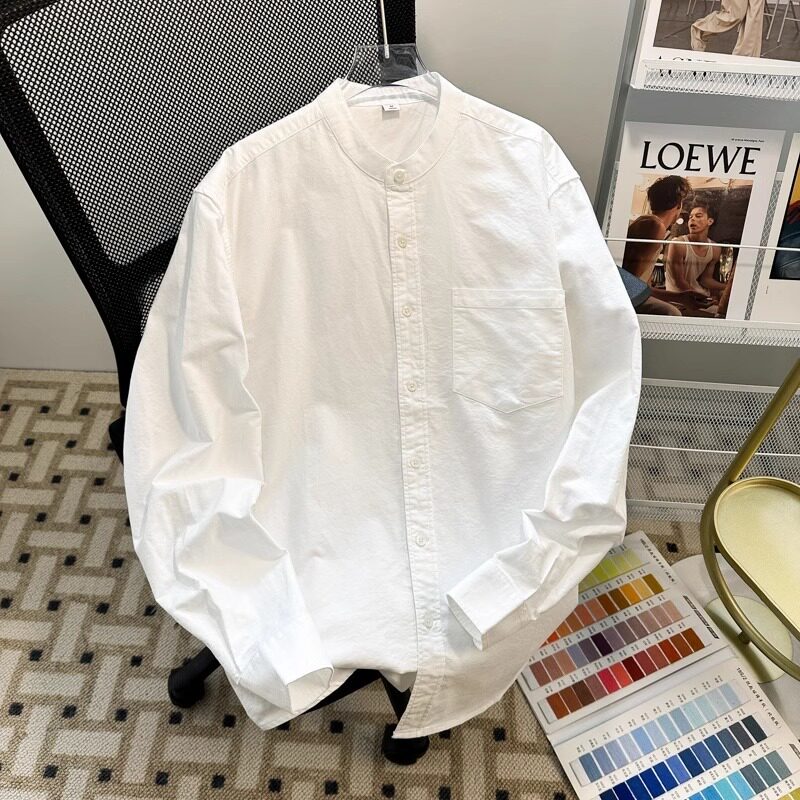 白色立领长袖衬衫男秋冬季新款高级感日系百搭宽松衬衣男休闲外套