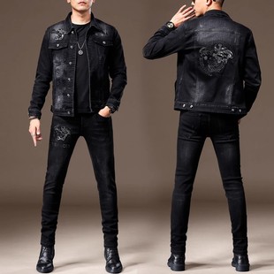 高端2025秋季新款印花烫钻牛仔外套男潮牌修身套装搭配夹克外套男