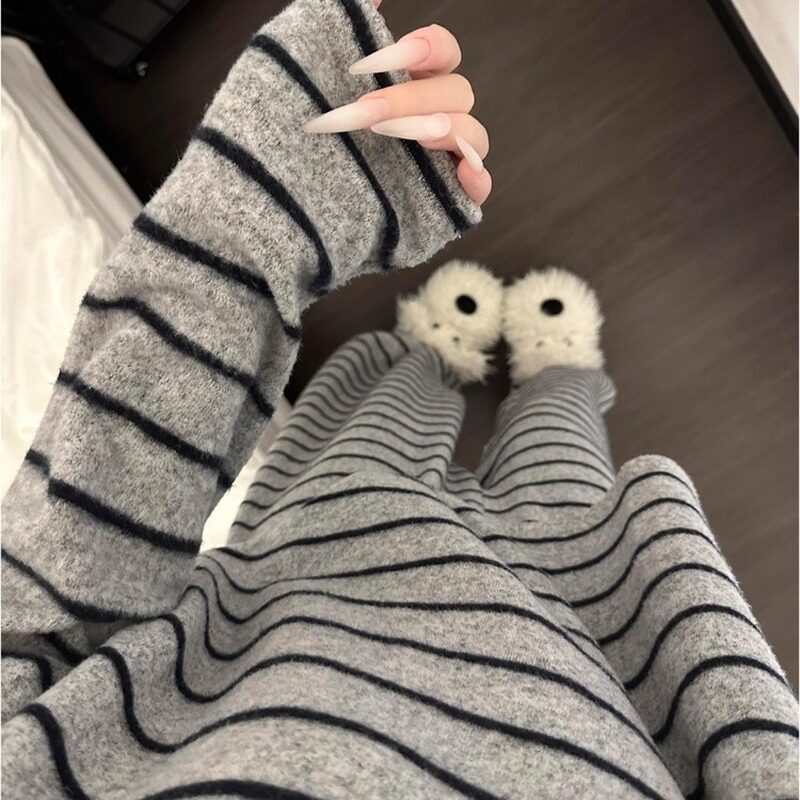 LISA韩系条纹舒适德绒睡衣女款2025春秋冬季宽松可外穿家居服套装