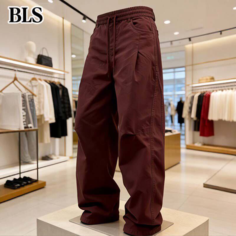 高端酒红色弯刀休闲裤男款夏季薄款2020新款宽松阔腿男士工装裤子