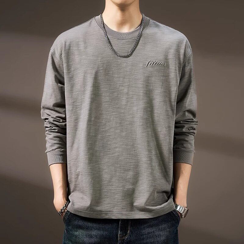 法国高端进口品牌纯棉T恤男简约宽松刺绣复古长袖打底衫2025秋季