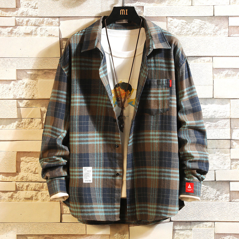 格子长袖衬衫男潮牌秋冬季加绒纯棉韩版潮流宽松衬衣外套休闲寸衫