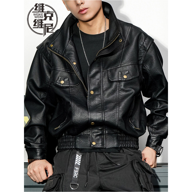 皮衣外套男2025秋季新款美式潮牌复古休闲工装夹克痞帅宽松机车服
