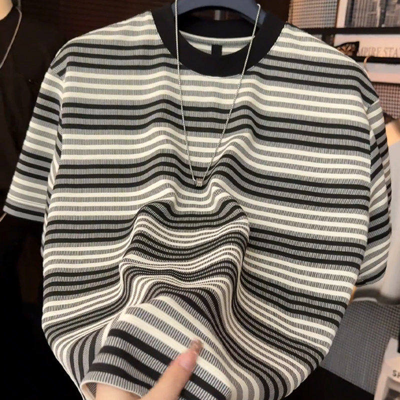 条纹短袖T恤男士夏季潮牌痞帅高级感拼色百搭半截袖宽松圆领上衣