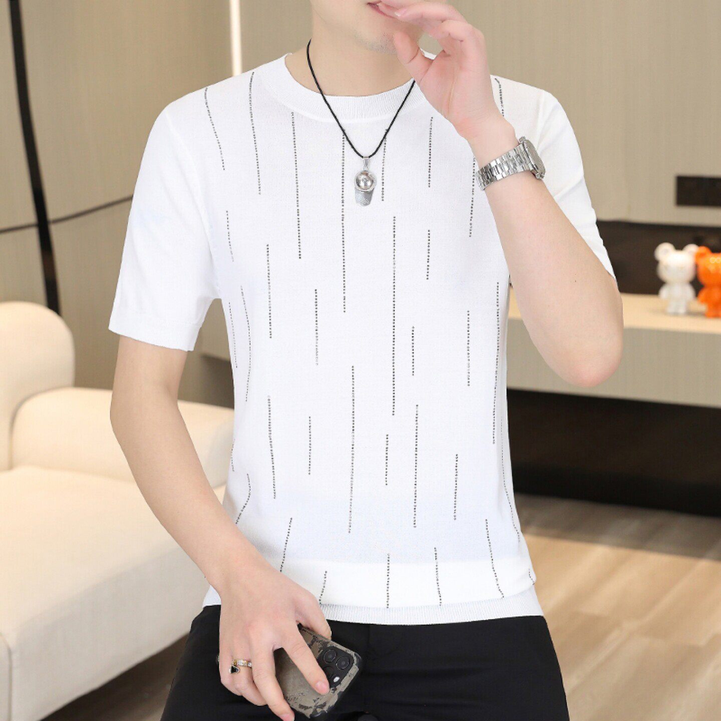 高端竖条纹短袖T恤男冰丝夏季圆领休闲男士针织衫修身薄款半袖潮