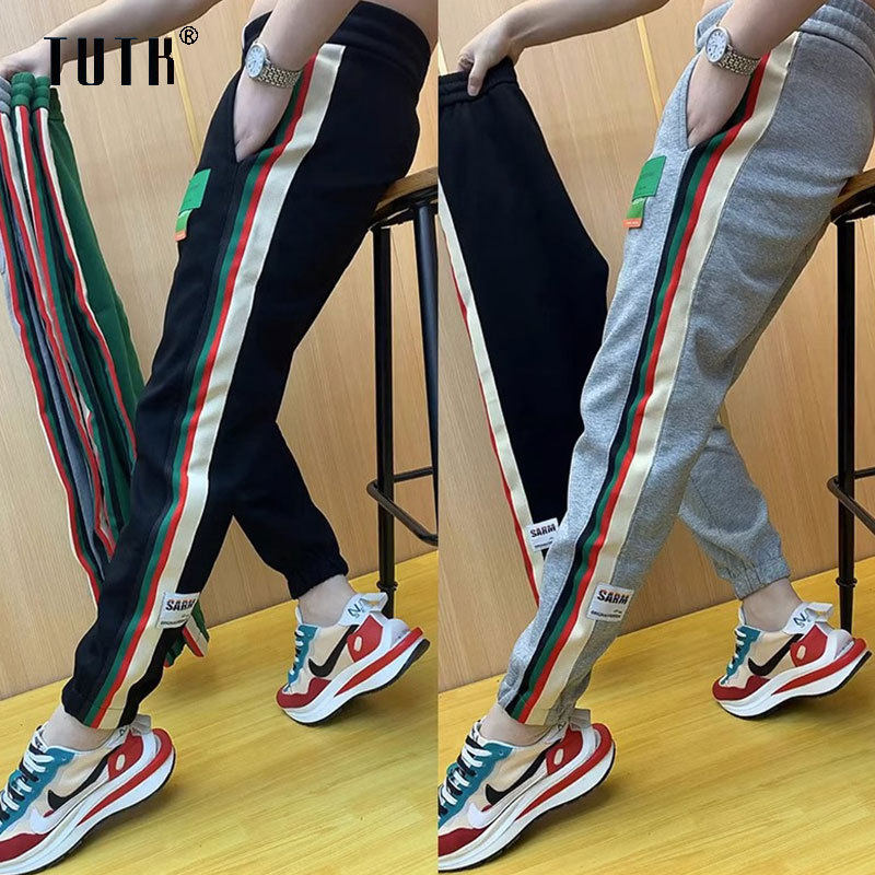 休闲裤子男款春秋季潮牌修身小脚卫裤男士潮流百搭束脚条纹运动裤