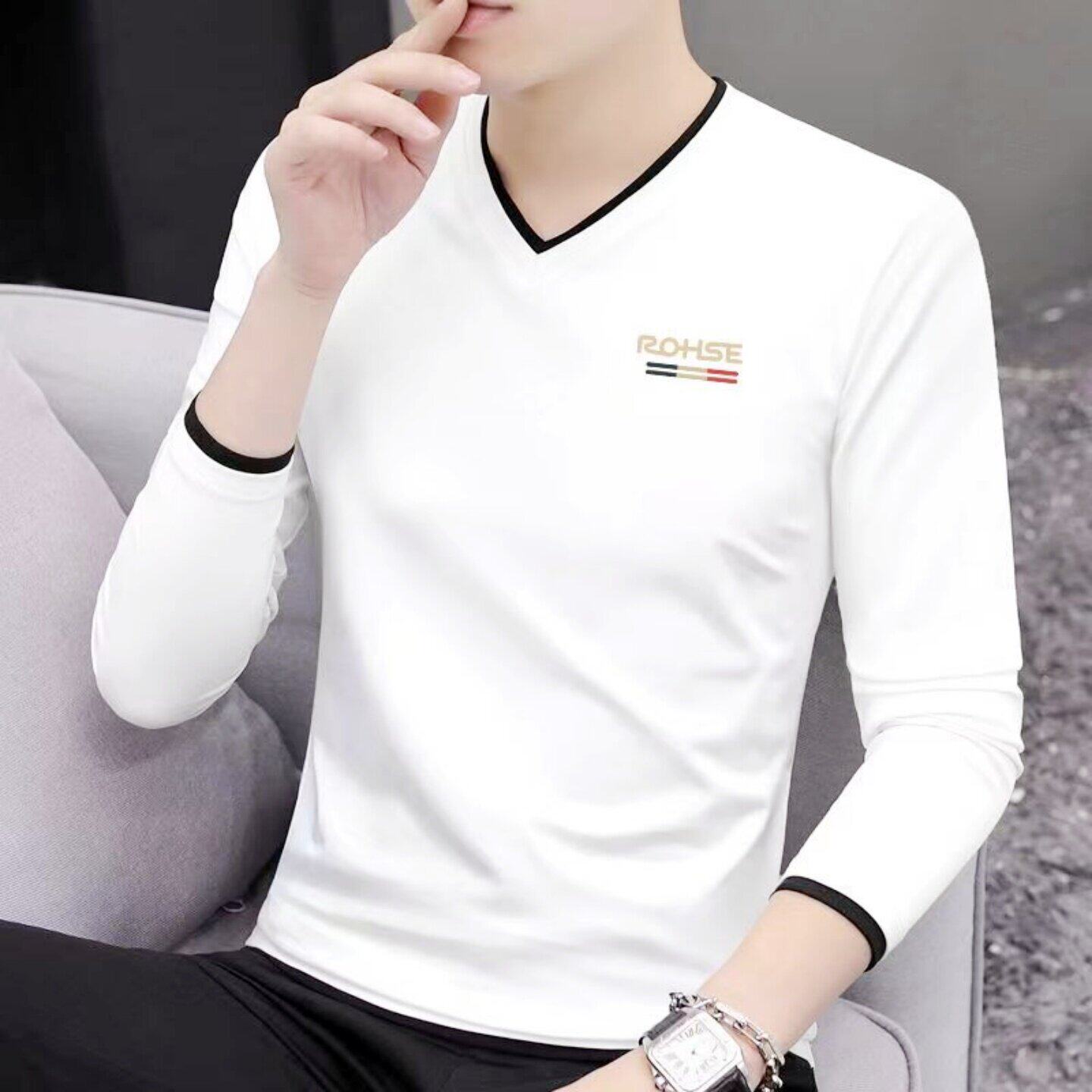 高端男士纯棉长袖t恤春秋季修身新款印花v领薄款内搭白色打底衫男