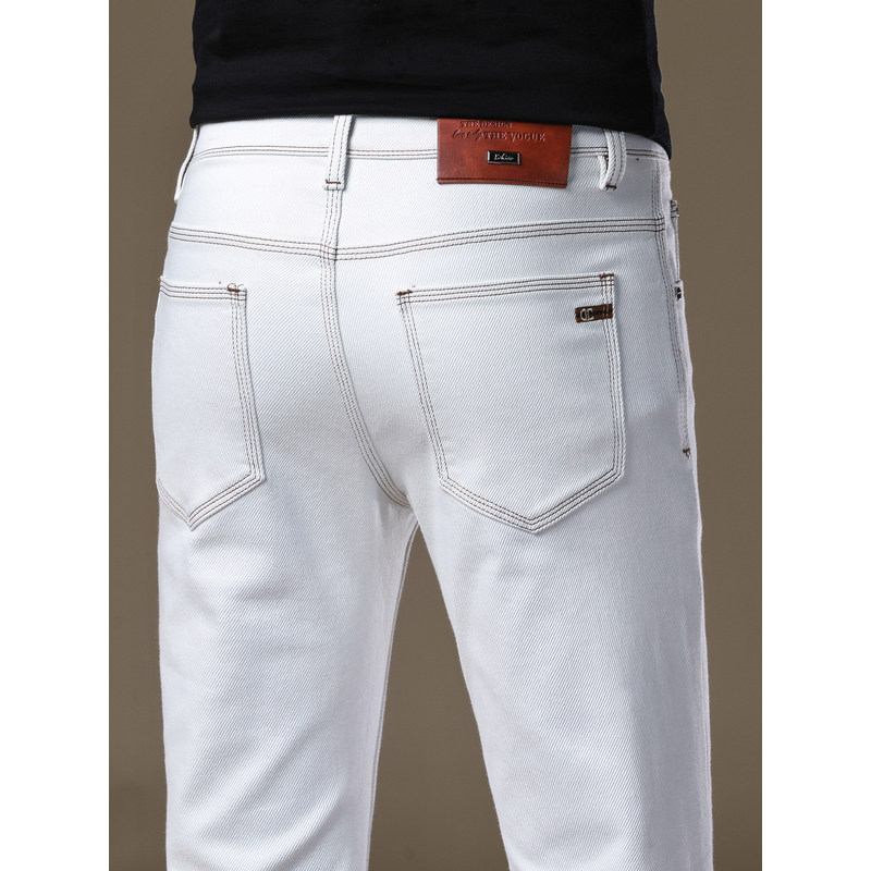 法国高端白色修身新款牛仔裤男秋季小脚刺绣设计弹力品牌休闲裤子