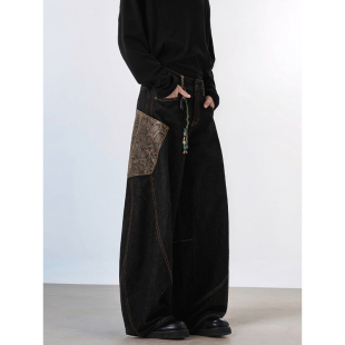 休闲宽松高街直筒阔腿拼接弯刀裤 男春秋季 子 高级感黑色牛仔裤 美式