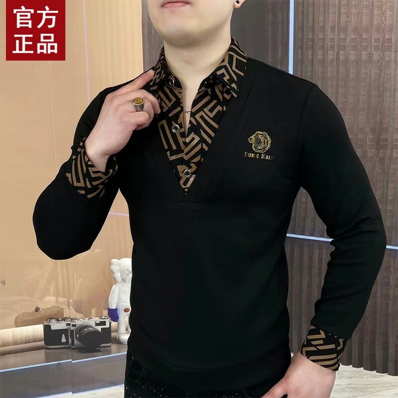 高端春秋季新款假两件卫衣男潮牌欧货体恤打底衫百搭套头加绒加厚