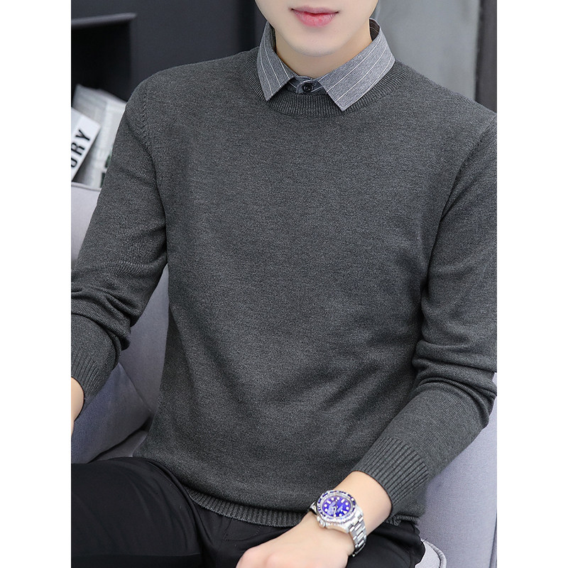 假两件套毛衣男秋冬季加厚潮流修身休闲新款男士羊毛针织衫衬衫领