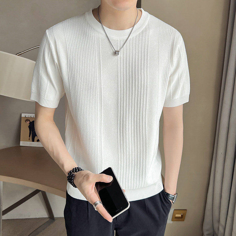 冰丝条纹短袖T恤男夏季2026新款修身纯色体恤痞帅高级感上衣内搭