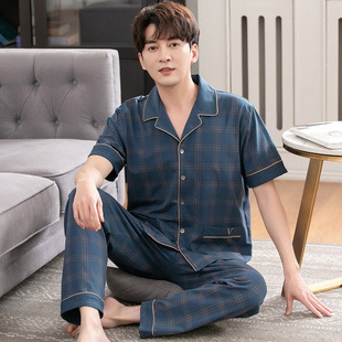 高端男士睡衣夏季纯棉短袖长裤100全棉加肥加大码夏款男款家居服