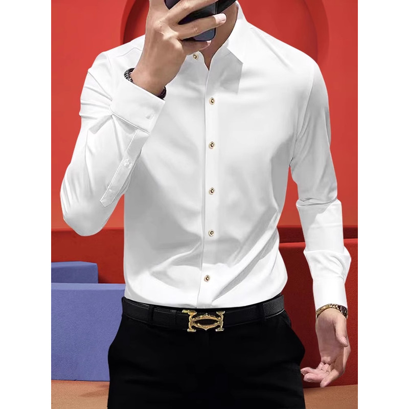 法国高端新款白色免烫抗皱男士长袖衬衫商务休闲修身弹力衬衣春秋