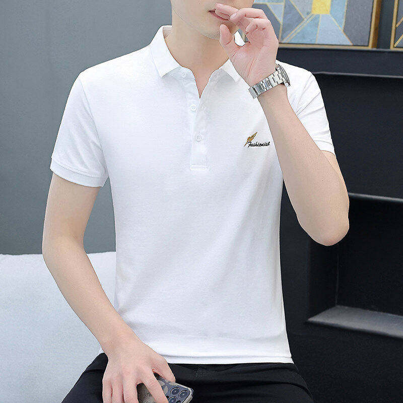 男士纯棉短袖polo衫夏季高端品牌休闲薄款修身透气白色刺绣T恤男