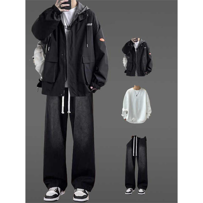 假两件工装连帽夹克套装男春秋季休闲宽松直筒阔腿牛仔裤一套搭配