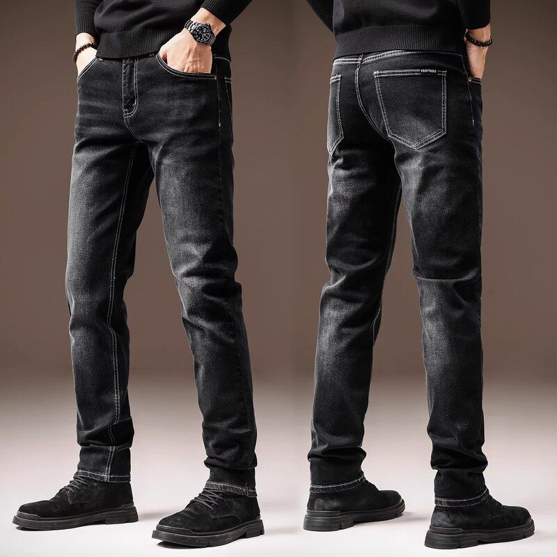 高端2025秋季复古水洗男士牛仔裤潮牌修身小脚黑色弹力休闲裤子男