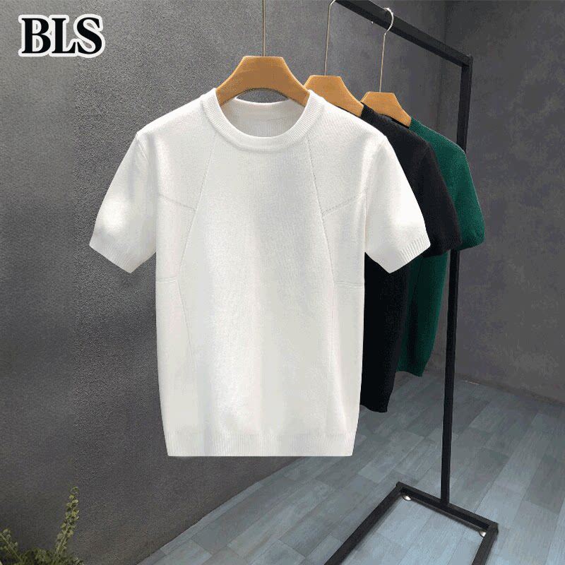 高端白色圆领短袖T恤男款夏季薄款2026新款冰丝针织毛衣男士上衣