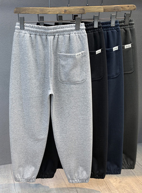 MUSONMU棉质灰色加绒束脚卫裤男士2025休闲裤宽松秋冬运动长裤子