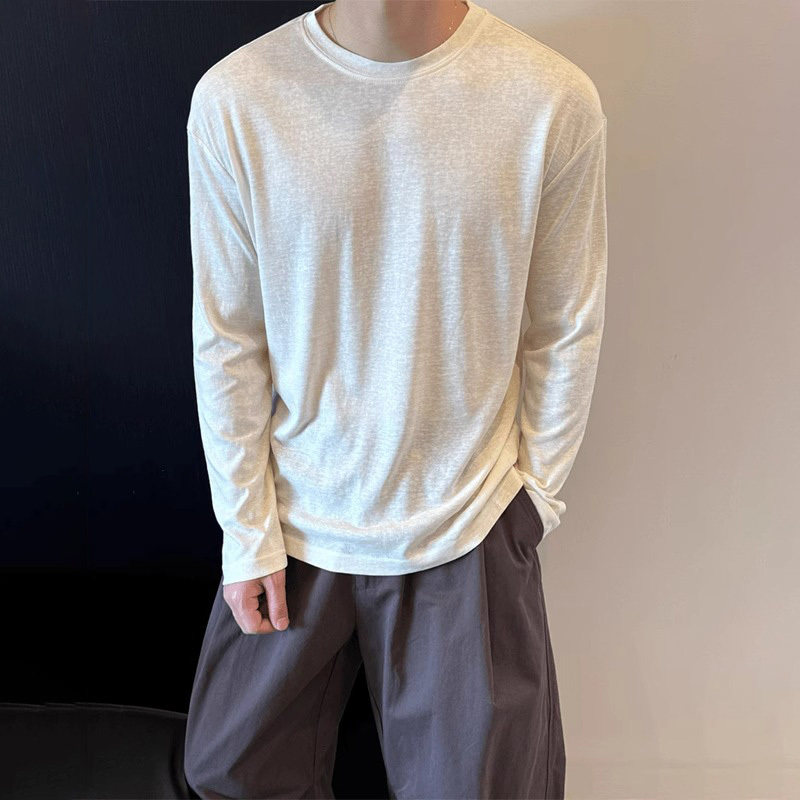高端男士凉感冰丝棉麻长袖T恤2025夏季薄款宽松防晒罩衫薄纱上衣