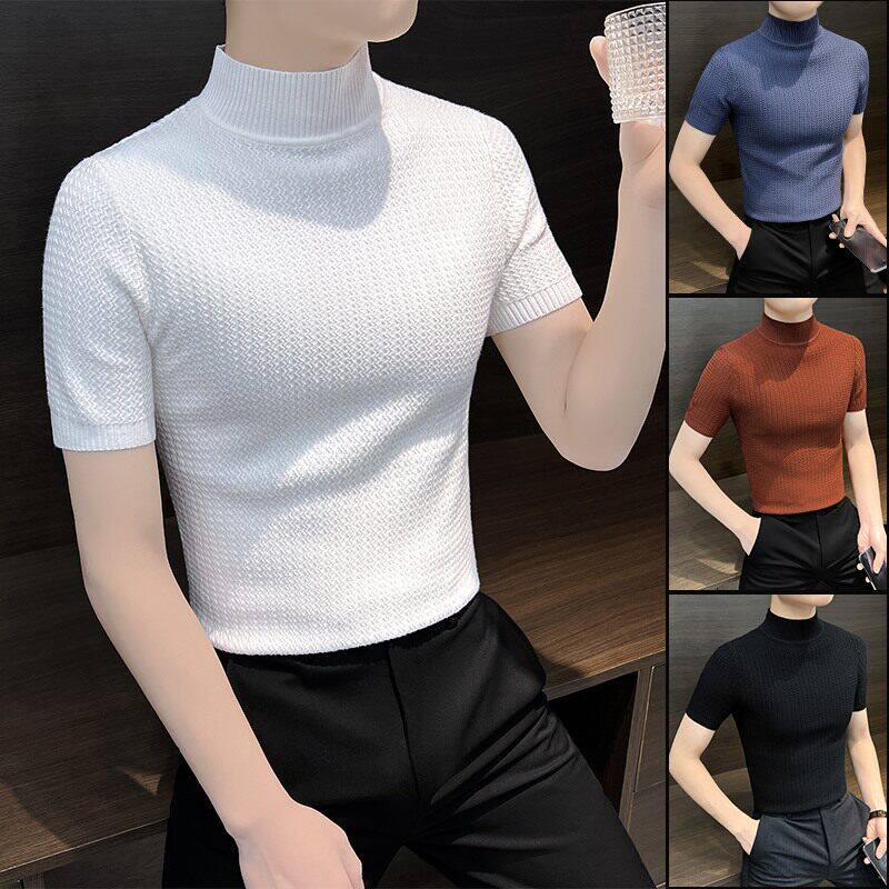 春秋休闲半高领打底衫2026新款修身内搭男士毛衣针织T恤短袖上衣