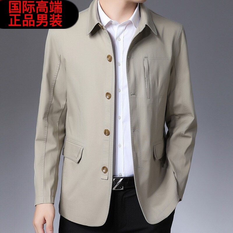 春秋夹克男中老年纯棉宽松外套男士休闲爸爸翻领茄克衫上衣高端潮