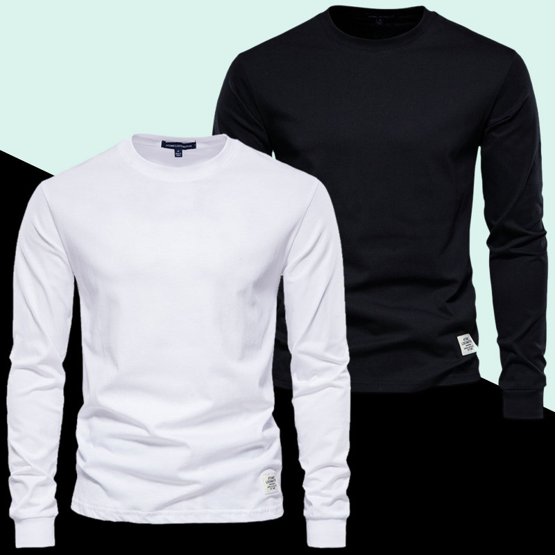香港新款纯色男t恤休闲长袖纯棉打底衫春秋百搭圆领白色修身上衣