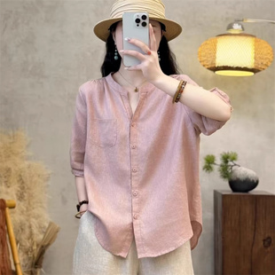 女士夏季 衬衣休闲文艺显瘦小衫 透气纯色宽松时尚 潮牌亚麻V领中袖