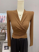 显瘦上衣女褶皱百搭T恤秋季 时尚 长袖 气质交叉V领性感修身 打底衫