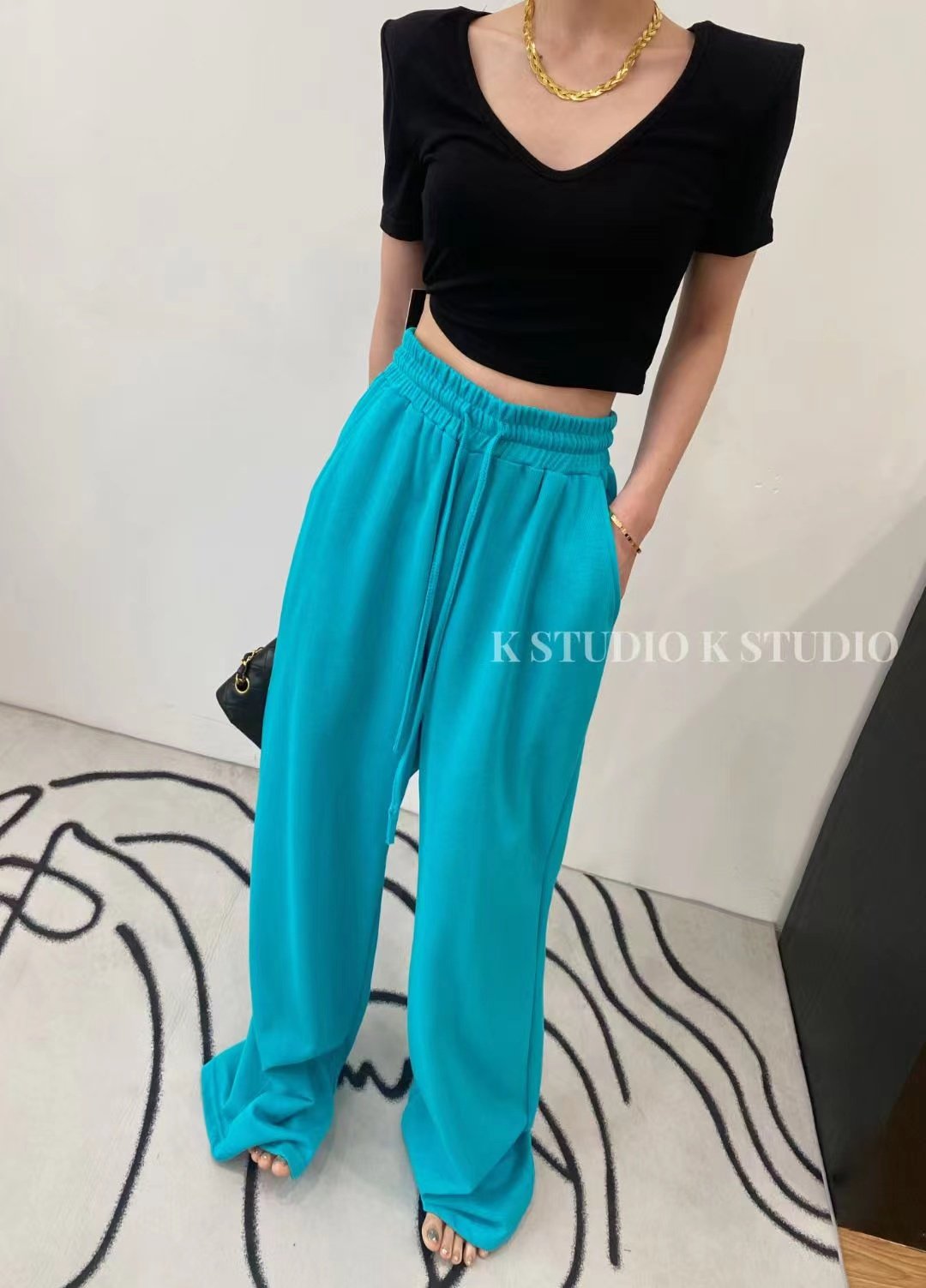 春季新款拖地库垂感直筒阔腿裤女宽松显瘦高腰长裤慵懒松紧腰裤子