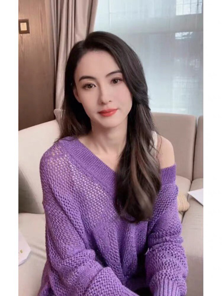 张柏芝明星同款今年流行漂亮2026春秋慵懒风紫色毛衣镂空针织上衣