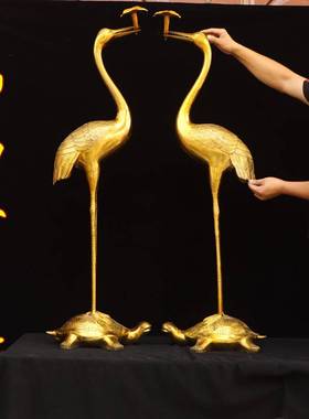 纯铜龟鹤灵芝仙鹤摆件踩龙龟乌龟一对门厅家用公司大号灵芝仙鹤铜