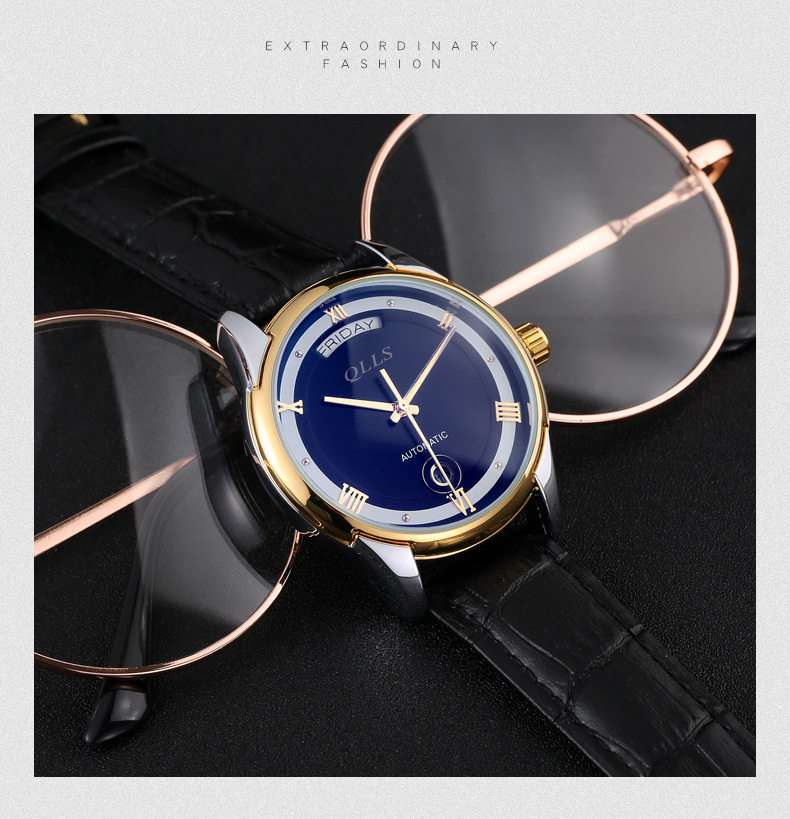 qlls手表男士机械表全自动防水皮带时尚潮流镂空学生腕表男表