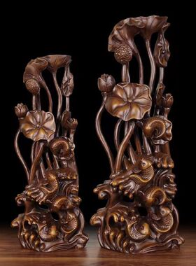 招财荷花锦鲤实木摆件莲年有鱼家居乔迁摆饰客厅新年富贵装饰高档