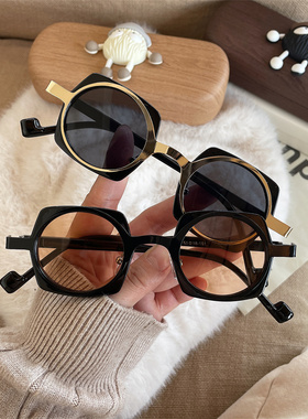 2025新款太阳镜复古朋克街拍茶色防紫外线小脸凹造型防晒墨镜儿童