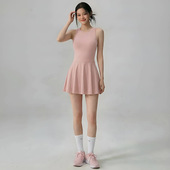 运动网球连衣裙女夏季 显瘦防走光露背透气羽毛球健身服 带胸垫修身