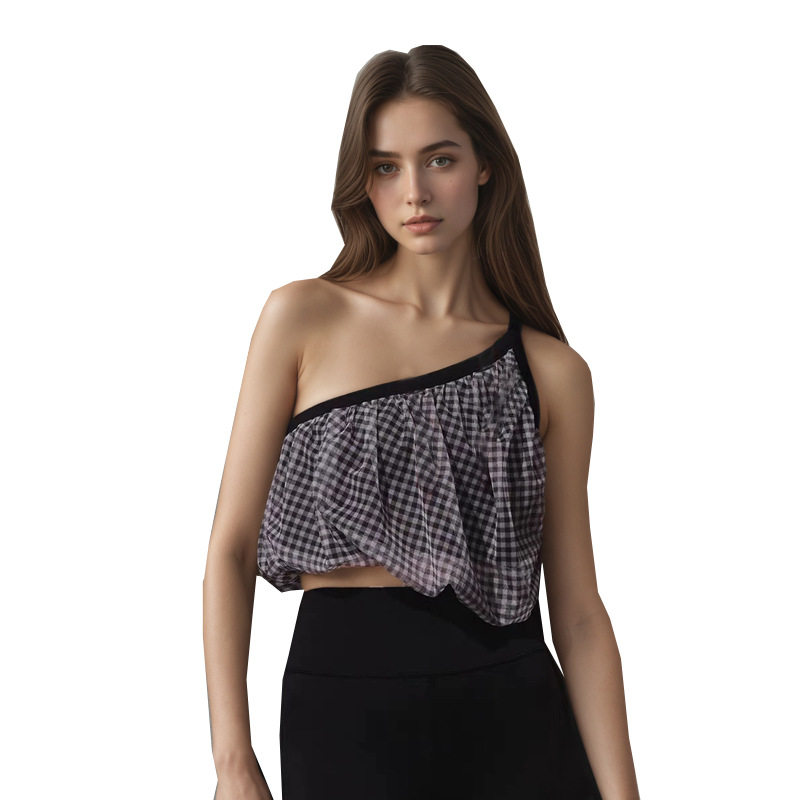 斜肩单肩瑜伽服套装女夏季带胸垫格子短款时尚舞蹈运动健身服背心,运动/瑜伽/健身/球迷用品,瑜伽背心,淘宝优惠券,粉丝福利购,淘宝优惠卷