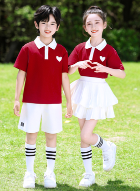 六一儿童合唱演出服小学生班服红色翻领短袖POLO衫表演服校服套装