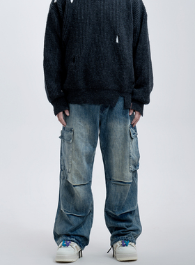 SolidHomme蓝色水洗工装牛仔直筒长裤宽松口袋做旧复古Cleanfit风
