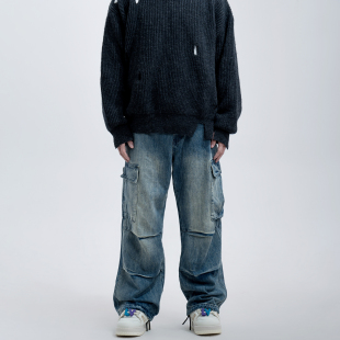 牛仔直筒长裤 SolidHomme蓝色水洗工装 宽松口袋做旧复古 清仓