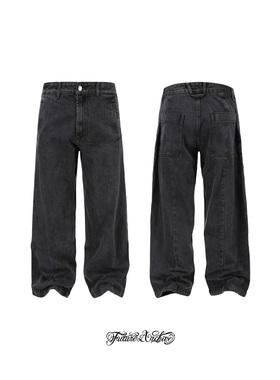 SOLIDHOMME黑色侧边褶皱baggy牛仔长裤直筒宽松版型 简约Cleanfit